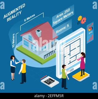 Colored augmented reality isometric composition with area number of rooms and other descriptions vector illustration Stock Vector