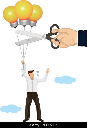 Man flying in the sky with lightbulb balloons. Businessman cuting his balloons. Concept of competition or sabotage. Flat style vector illustration. Stock Vector