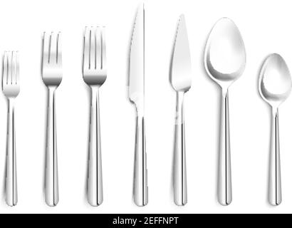 Realistic shiny silverware top view 3d design with forks knives spoons on white background isolated vector illustration Stock Vector