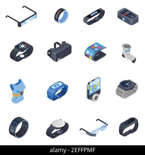 Set of isometric icons with wearable technology including watches, augmented reality glasses, smart clothing isolated vector illustration Stock Vector
