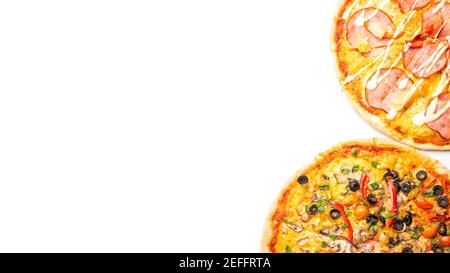 banner of two various pizzas, isolated on white background with copy space, salami, mushrooms, tomaton, pepperoni, cherry tomato, pineapple and cheese Stock Photo