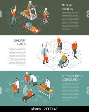 Rehabilitation isometric horizontal banners with medical training auxiliary devices physiotherapist consultation design compositions vector illustrati Stock Vector