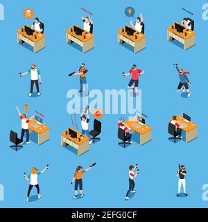 People in cyber sport isometric set with virtual headset emotions of players near pc isolated vector illustration Stock Vector