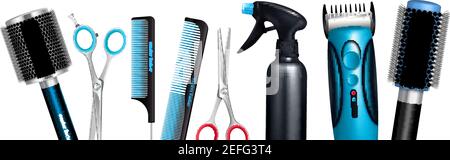 Hairdresser tools on white background including brushes and combs sprayer various scissors and trimmer vector illustration Stock Vector