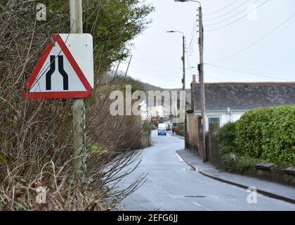 UK Road Signs as found on streets of North Devon, Road Narrows Stock Photo