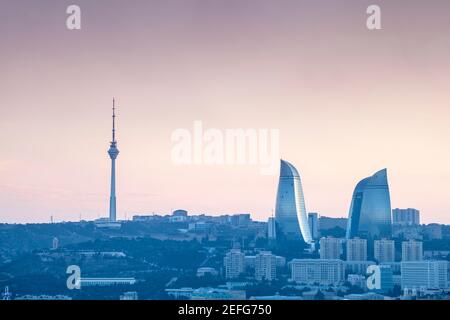 Azerbaijan, Baku, View of Baku looking towards Flame Towers Stock Photo