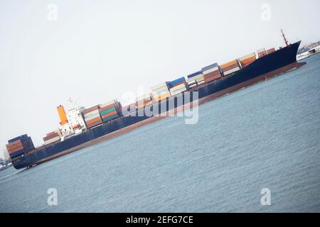 Container ship in the river, PatriotÅ½s Point, Charleston Harbor, Charleston, South Carolina, USA Stock Photo