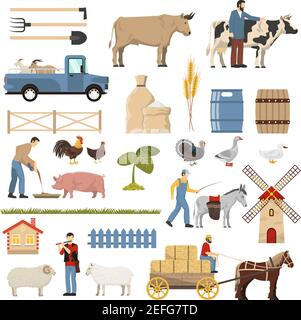 Farm set with flat isolated images of poultry animals gardening tools plants vehicles and human characters vector illustration Stock Vector