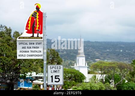 Speed limit signboard with a church in the background, Mokuaikaua Church, Kailua-Kona, Kona, Big Island, Hawaii Islands, USA Stock Photo