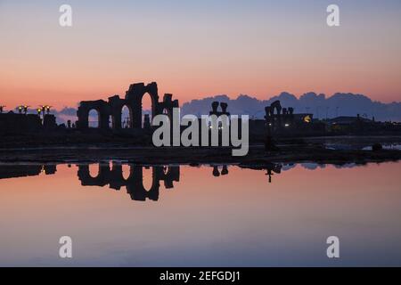 Azerbaijan, Absheron Peninsula, Buildings reflecting in Old Fields Stock Photo