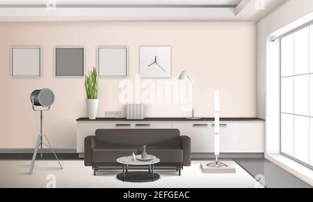Realistic living room interior 3d design in light tones with furniture, french window, picture frames vector illustration Stock Vector
