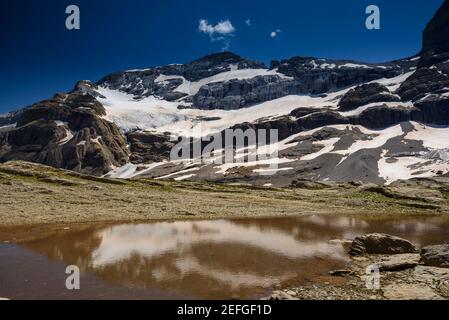 Balcón de Pineta. At the background, the Monte Perdido summit (Ordesa and Monte Perdido NP, Pyrenees, Spain) Stock Photo