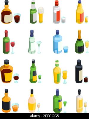 Colored isometric alcohol icon set with isolated bottles and different kinds of glass goblets vector illustration Stock Vector