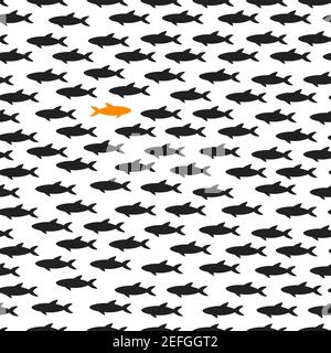 Silhouettes school of fish with marine life of various sizes swimming fish seamless pattern flat style design vector illustration. Colony of big and s Stock Vector