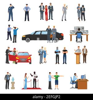 Bodyguard icons set with celebrities symbols flat isolated vector illustration Stock Vector