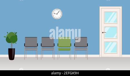 Clinic reception area with gray chairs in front of the door. Blue Doctor office. Contemporary waiting room with plant and clock  on wall. Vector illus Stock Vector
