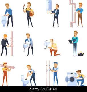 Flat color icons set of plumber male characters working with different sanitary equipment isolated vector illustration Stock Vector