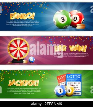 Set of three lottery horizontal banners with bulletin tickets bingo balls drawing machine and editable text vector illustration Stock Vector