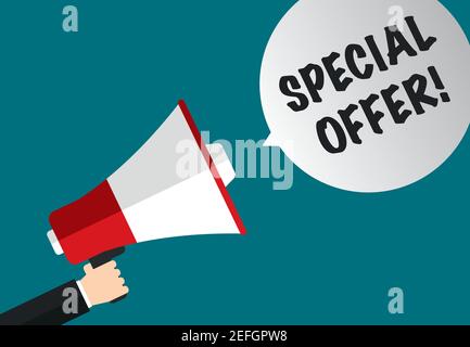 Male hand holding megaphone - special offer in speech bubble Stock Vector