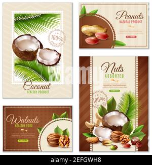 Realistic set of four poster banners of different shape with assorted nuts isolated on white background vector illustration Stock Vector
