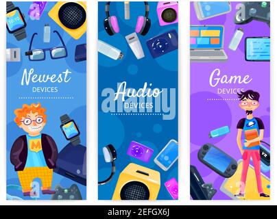 Character geek nerd vertical banners set with cartoon style male human characters and flat images of gadgets vector illustration Stock Vector