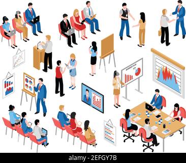 Business education and coaching isometric icons set with coming to training and business seminar vector illustration Stock Vector