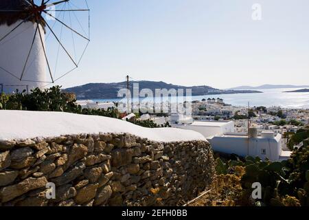 Traditional windmill in a town, Mykonos, Cyclades Islands, Greece Stock Photo