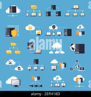 Hosting services icons set on blue background flat isolated vector illustration Stock Vector