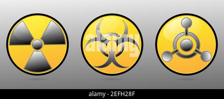 Set of circular signs of warnings. Ionizing radiation sign, Poison, Toxic sign and Biological hazard. Vector icons isolated on the gradient background Stock Vector