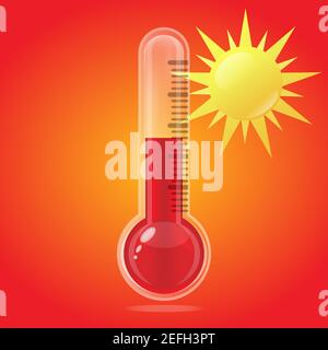 Thermometer with sun graphic icon. Thermometer with hot weather sign. Isolated symbol on orange background. Vector illustration Stock Vector