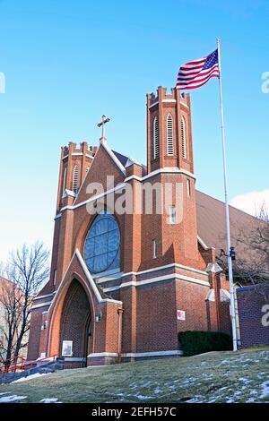 A frontal view of the historic Catholic church, St. Francis of Assisi Parish, built in 1920 in Bend, Oregon. Stock Photo