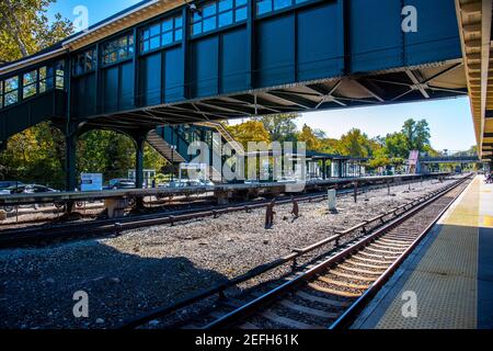 Hartsdale, NY -  October 30, 2018: View of the train station of Hartsdale. Hartsdale is part of the town of Greenburgh, Westchester County, New York, Stock Photo