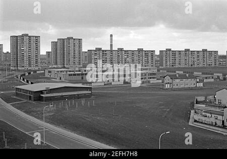 Tower Blocks, Catholic Church of the Virgin Mary and Primary School, Shangan Road, Ballymun, April 1986, Dublin, Republic of Ireland Stock Photo