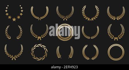 Golden laurel wreaths on black background. Set of foliate award wreath for championship or cinema festival. Vector illustration Stock Vector