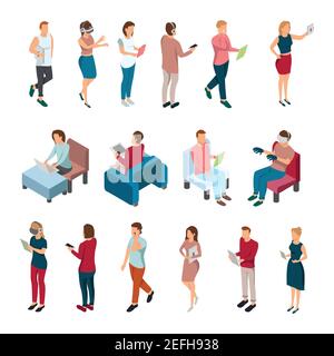 Gadgets people isometric set with isolated human characters during various activities involving portable electronic devices laptops vector illustratio Stock Vector