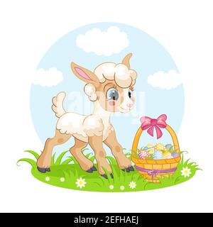 Cute cartoon character lamb running on a flower meadow. Vector isolated illustration. For postcard, posters, nursery design, greeting card, stickers, Stock Vector