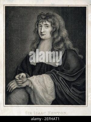 Sir Isaac Newton, English mathematician, physicist, astronomer, theologian, and author who is widely recognized as one of the most influential scientists of all time and as a key figure in the scientific revolution. Line engraving by B. Reading, 1799, after Sir P. Lely /  Wellcome Collection / File Reference # 1003-855THA Stock Photo