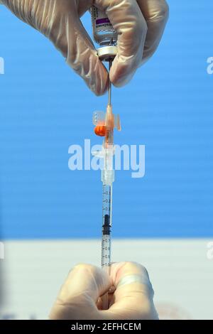 A vial of anti-covid vaccine produced by the company Astra Zeneca injected at the largest anti covid center in Europe located at the Fiumicino airport Stock Photo