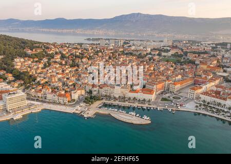 Aerial drone shot of Republic Square in Split old town in sunrise hour in Croatia Stock Photo