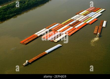 Aerial view of grain barges on the river, Mississippi River, New Orleans, Louisiana, USA Stock Photo