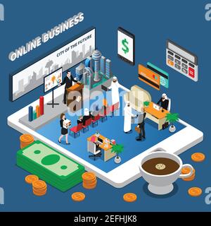 Online business design with arab people at conference, in office on mobile device screen isometric vector illustration Stock Vector