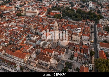 Aerial drone shot of Saint Domnius in Diocletian Palace in Split old town before sunrise in Croatia Stock Photo