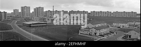 panoramic view, Tower Blocks, Shangan Road, Catholic Church of the Virgin Mary and Primary School, Coultry Road, Shangan Green, Ballymun, April 1986, Dublin, Republic of Ireland Stock Photo