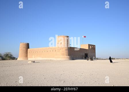 View of the Al Zubara Fort, a historic Qatari military fortress part of the Al Zubarah archeological site, a UNESCO World Heritage site in Qatar.