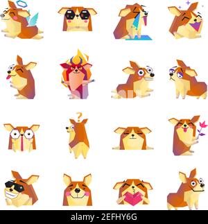 Funny corgi icons collection with heart flower sunglasses devil and angel dog cartoon characters isolated vector illustration Stock Vector