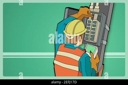 Rear view of an electrician examining a fuse box with a meter Stock Photo