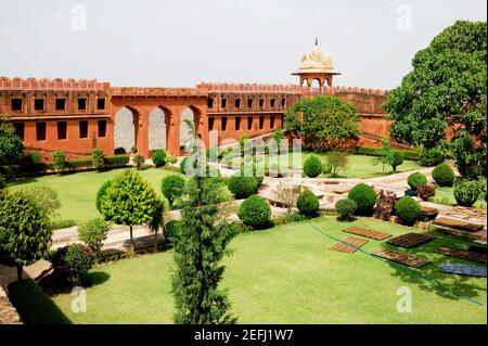 High angle view of a formal garden, Mughal Gardens, Jaigarh Fort (Victory Fort) Jaipur, Rajasthan, India Stock Photo