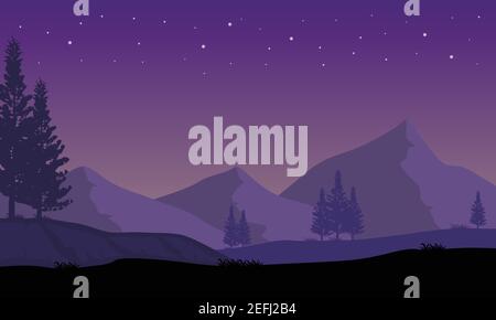 The beauty of the dark starry sky with night mountain views on the edge of the city. Vector illustration of a city Stock Vector