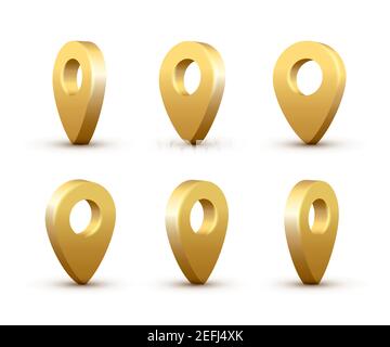 Shiny golden realistic map pins set. Vector 3d gold pointers isolated on white background. Location symbols in various angles. Stock Vector