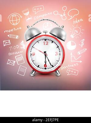 Realistic clock business strategy composition with painted with chalk red wall behind the alarm clock vector illustration Stock Vector